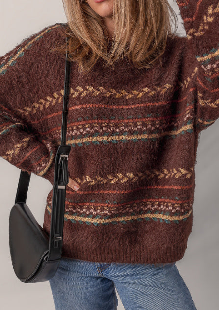 Brown Ethnic Pattern Mohair Knitted Drop Shoulder Sweater