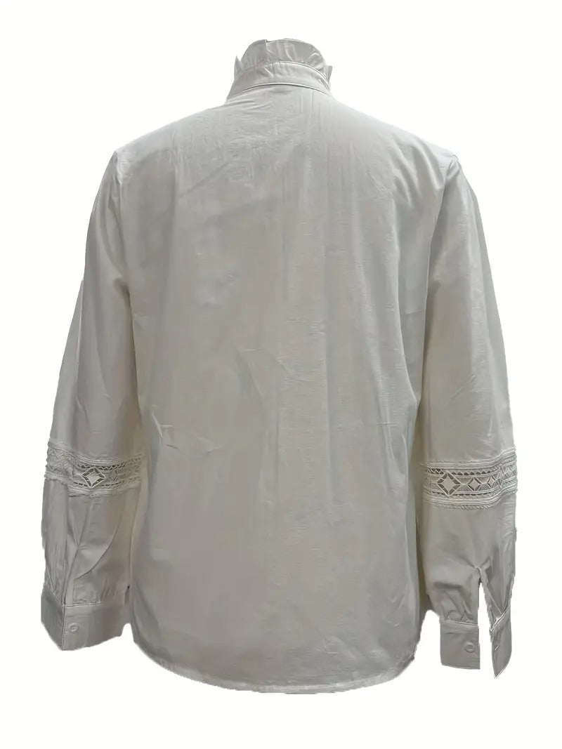 Elegant White V-Neck Blouse With Lace Details