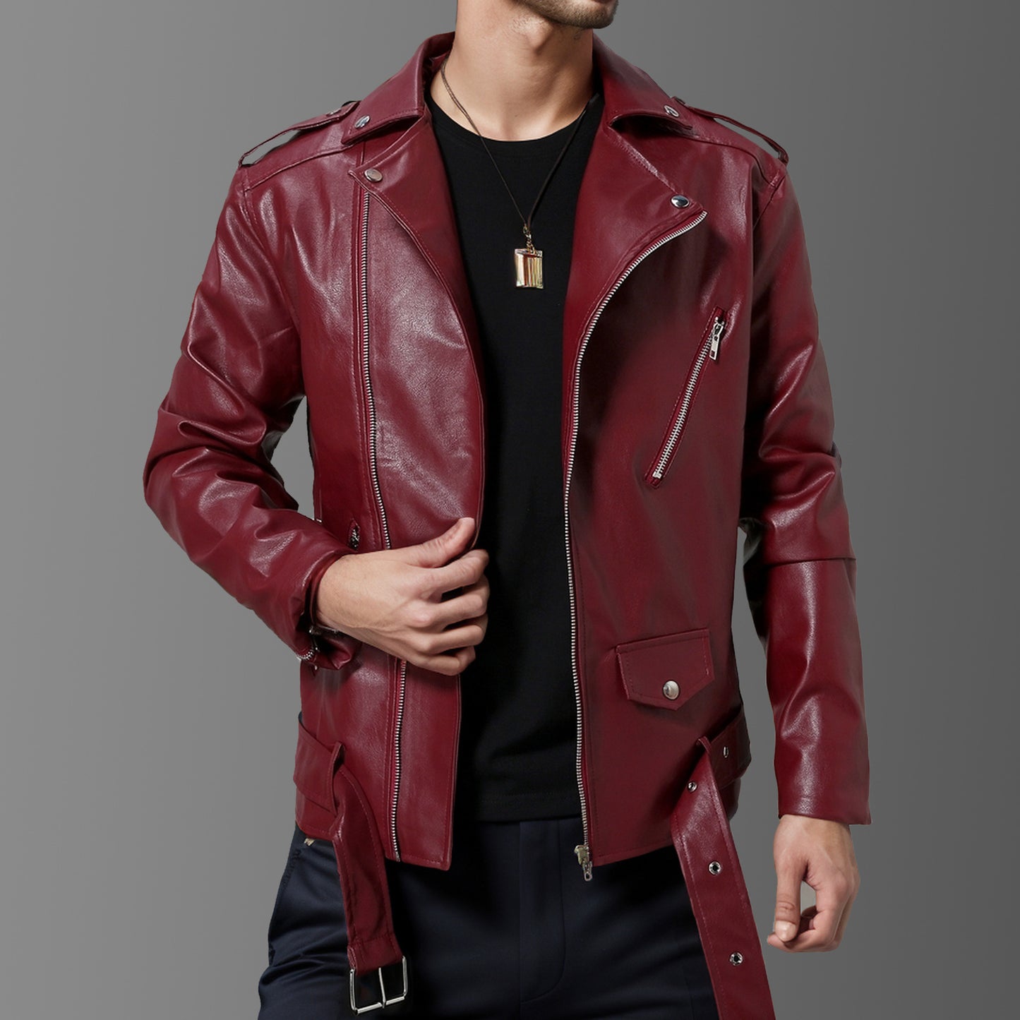Slim Fit Lapel Leather Jacket