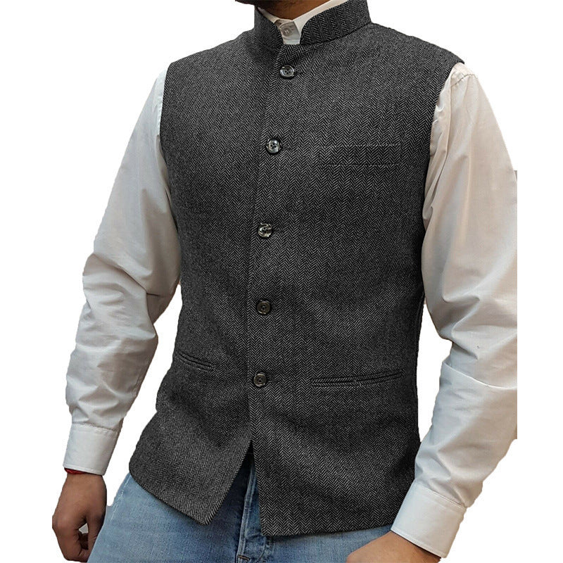 Zhongshan Collar Herringbone Pattern Vest for Men