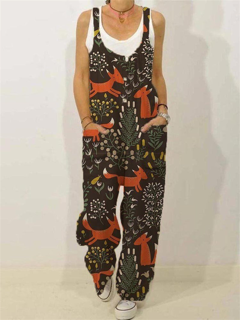 Botanical Print Casual Sleeveless Loose Jumpsuit
