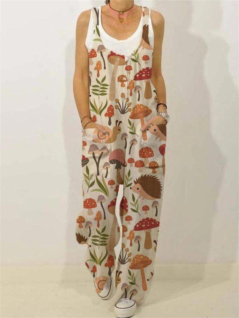 Botanical Print Casual Sleeveless Loose Jumpsuit