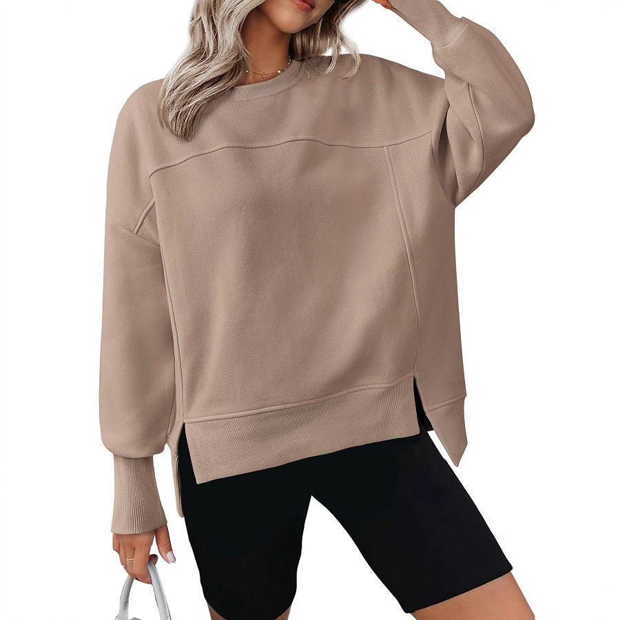 European And American Autumn And Winter Round Neck Long Sleeve Split Casual Loose Sweatshirt