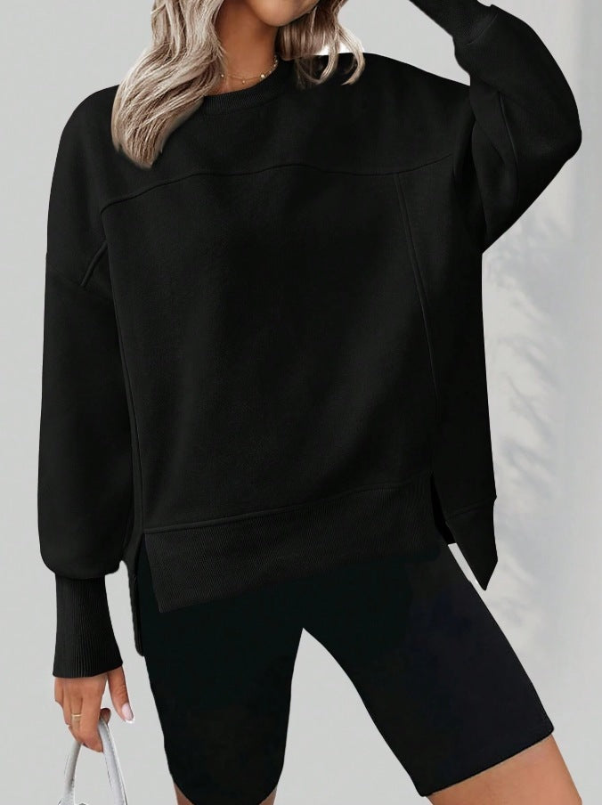 European And American Autumn And Winter Round Neck Long Sleeve Split Casual Loose Sweatshirt
