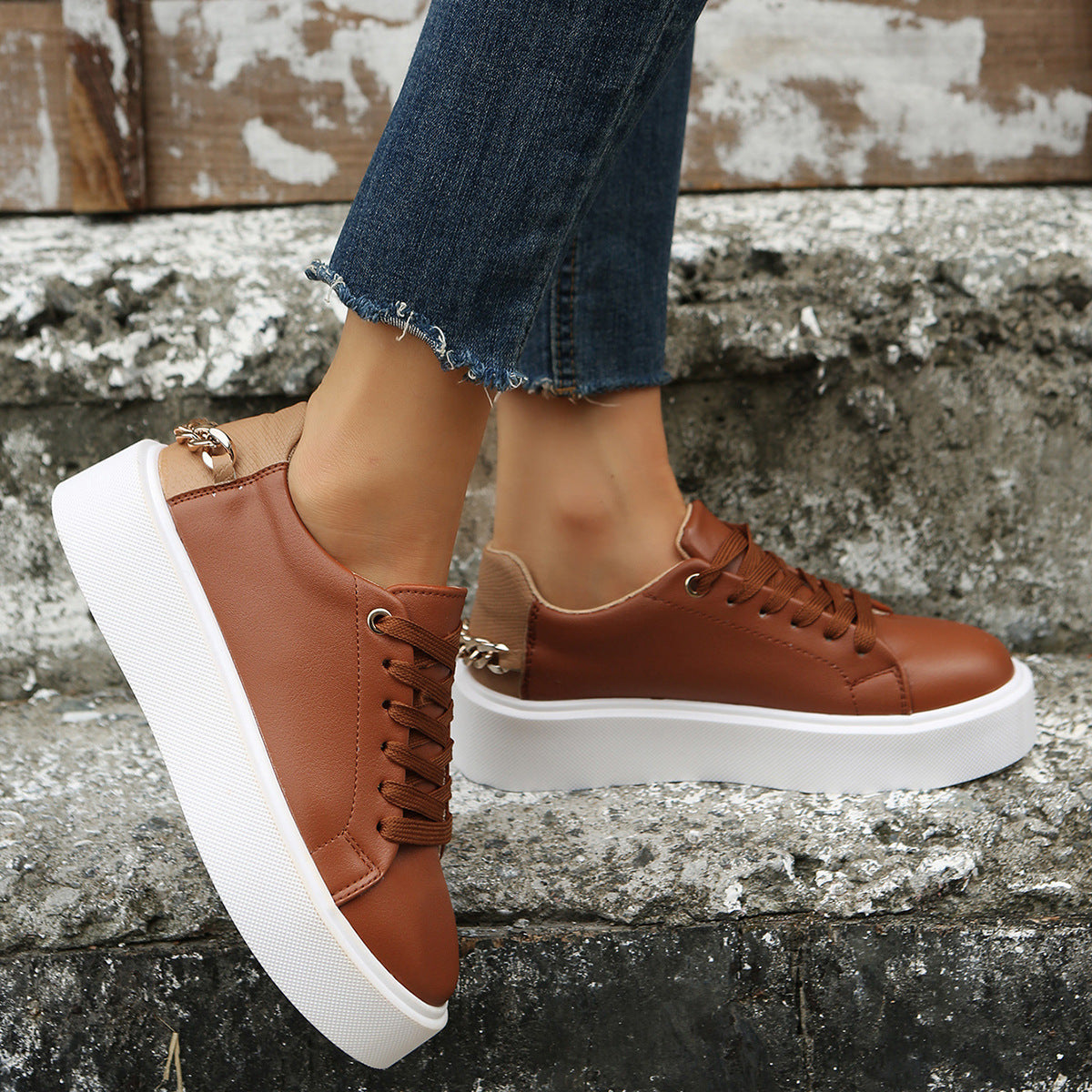 Vlakke schoenen met ketting en vetersluiting, dames casual sportschoenen