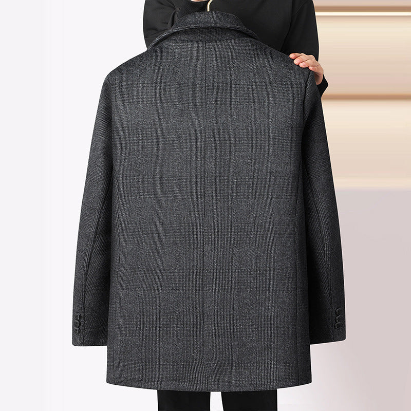 Men’s Mid-Length Woolen Plaid Coat with Detachable Double Collar
