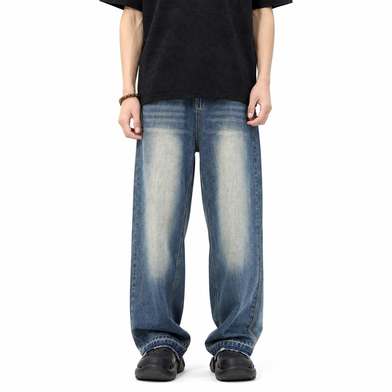 Men’s Straight Long Jeans with Raw Hem Detail