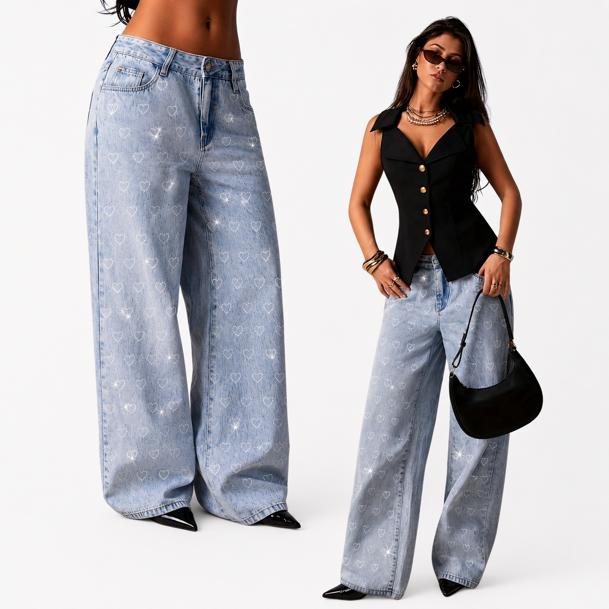 Blue Straight Jeans with Sweet Rhinestone Design