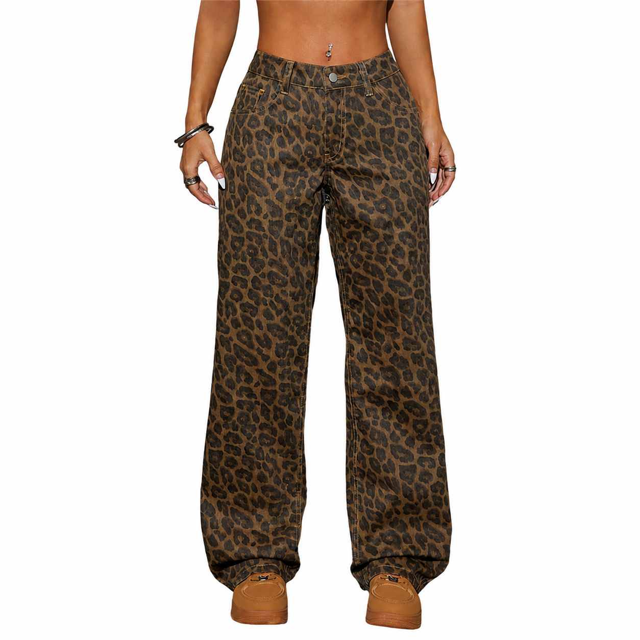 Women’s Retro Leopard Print High-Waist Jeans