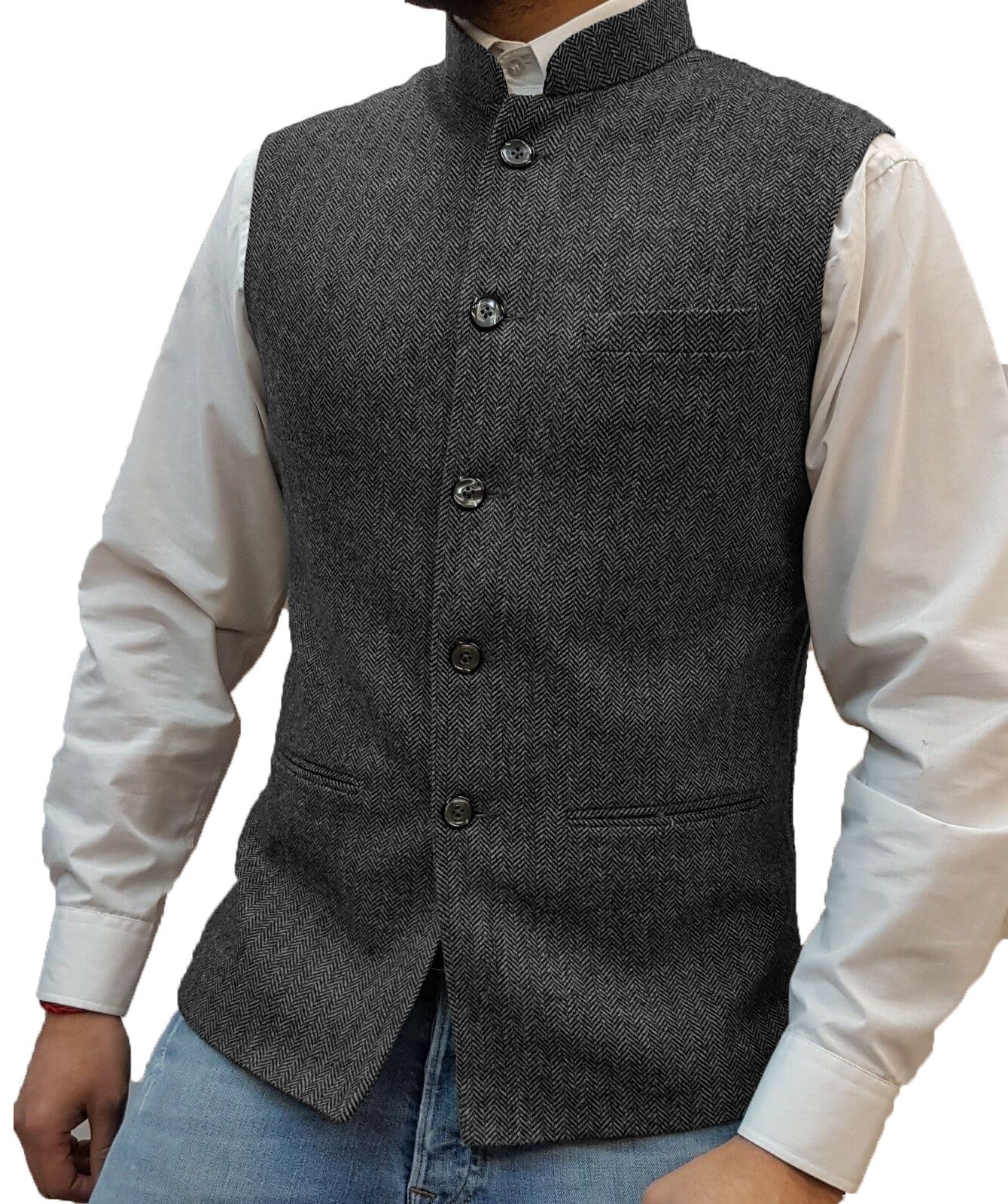 Zhongshan Collar Herringbone Pattern Vest for Men