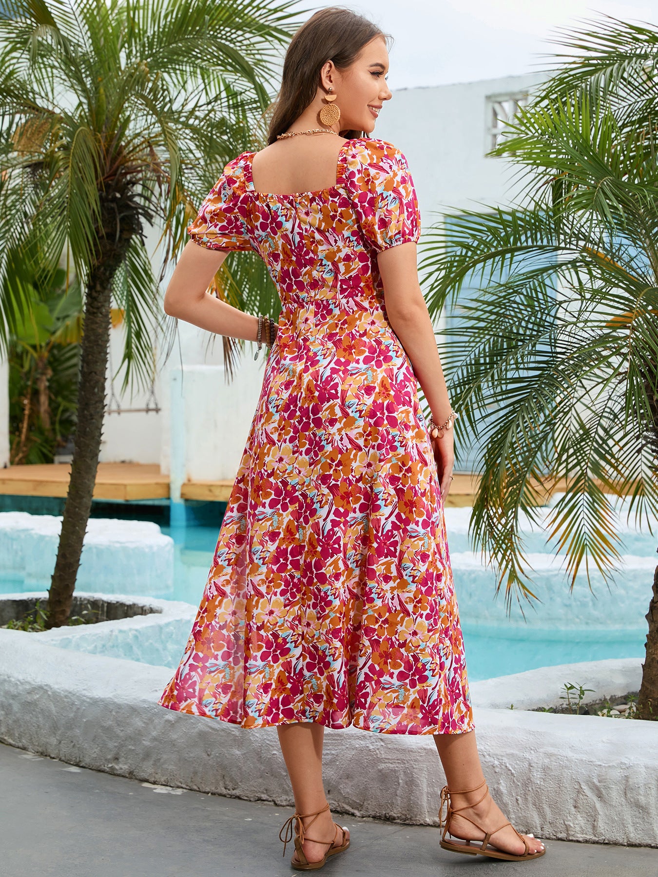 European And American Holiday Square Collar Puff Sleeve French Printing Dress