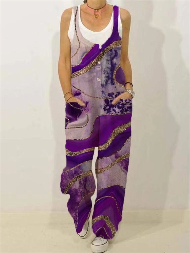 Botanical Print Casual Sleeveless Loose Jumpsuit
