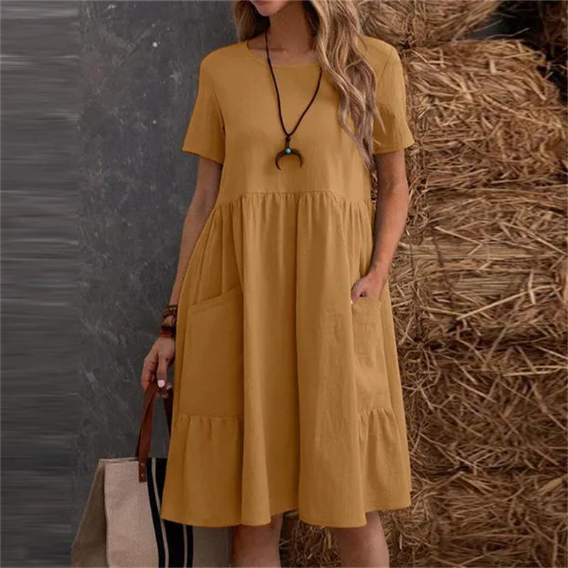 Summer Cotton And Linen Loose Fashion Round Neck Dress