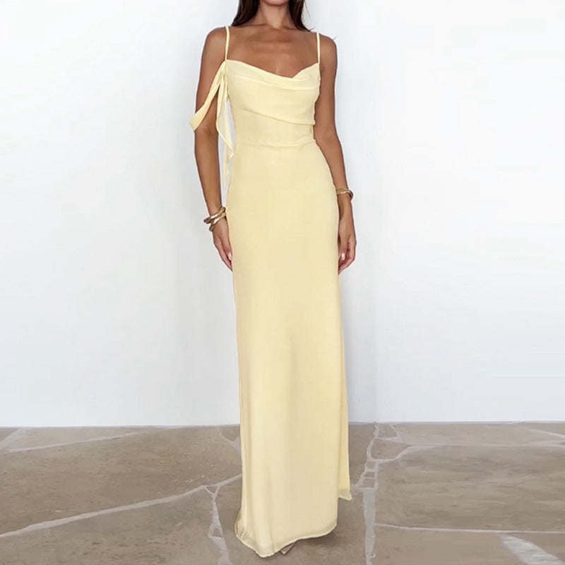 Summer New French Style Temperament Sexy Low Cut Solid Color Sling Backless Dress