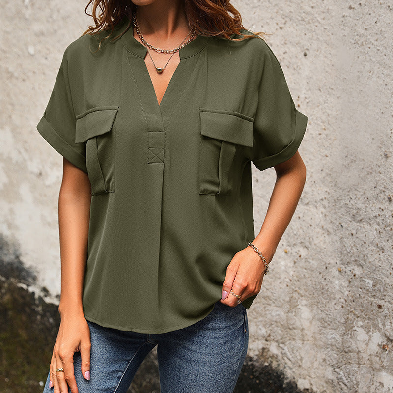 Women's Solid Color V-Neck Pocket Shirt