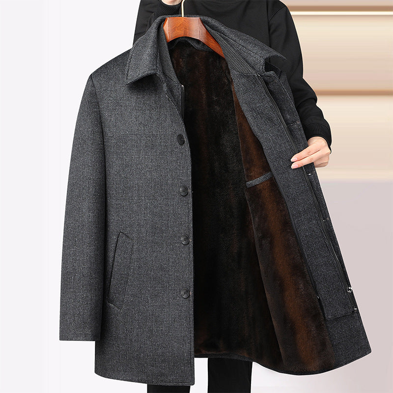 Men’s Mid-Length Woolen Plaid Coat with Detachable Double Collar