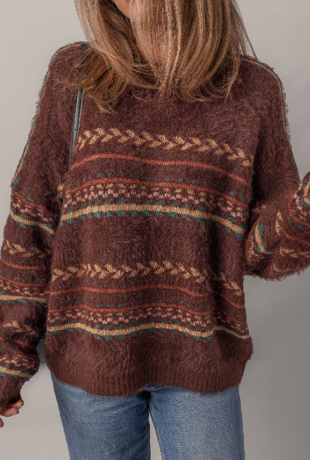 Brown Ethnic Pattern Mohair Knitted Drop Shoulder Sweater