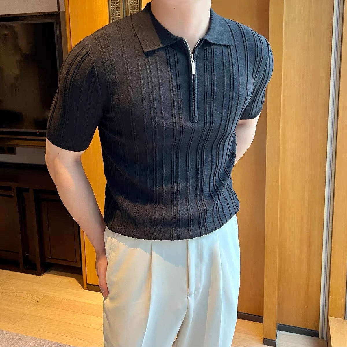 Retro Jacquard Zipper Polo