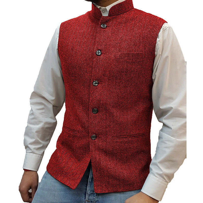 Zhongshan Collar Herringbone Pattern Vest for Men