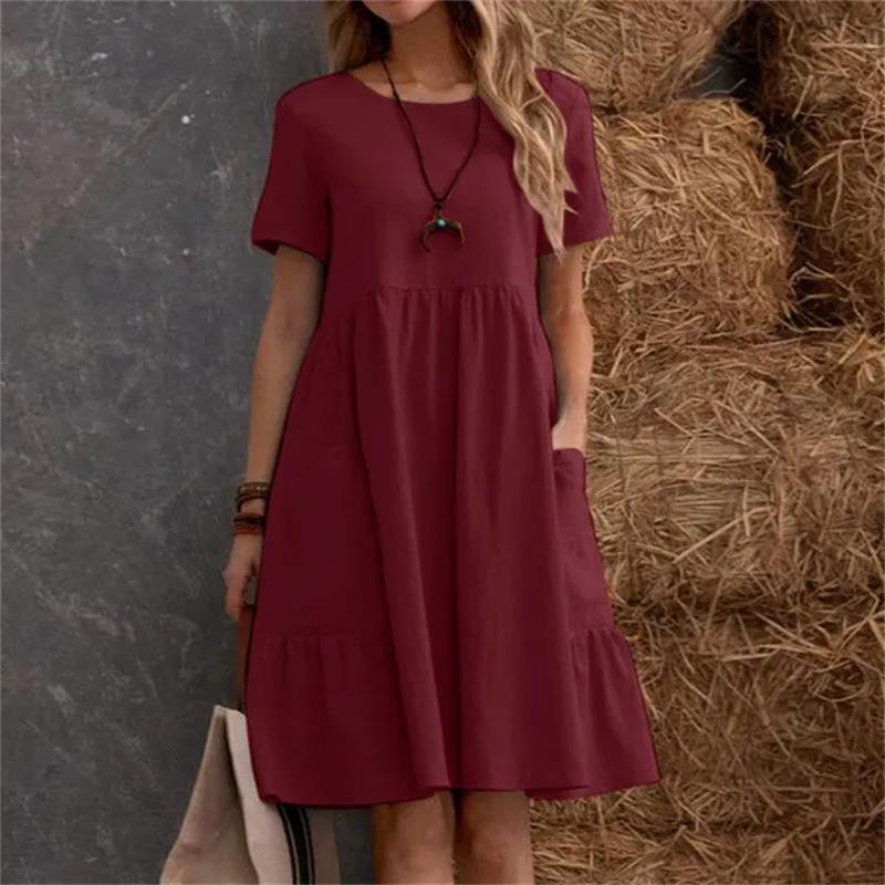 Summer Cotton And Linen Loose Fashion Round Neck Dress