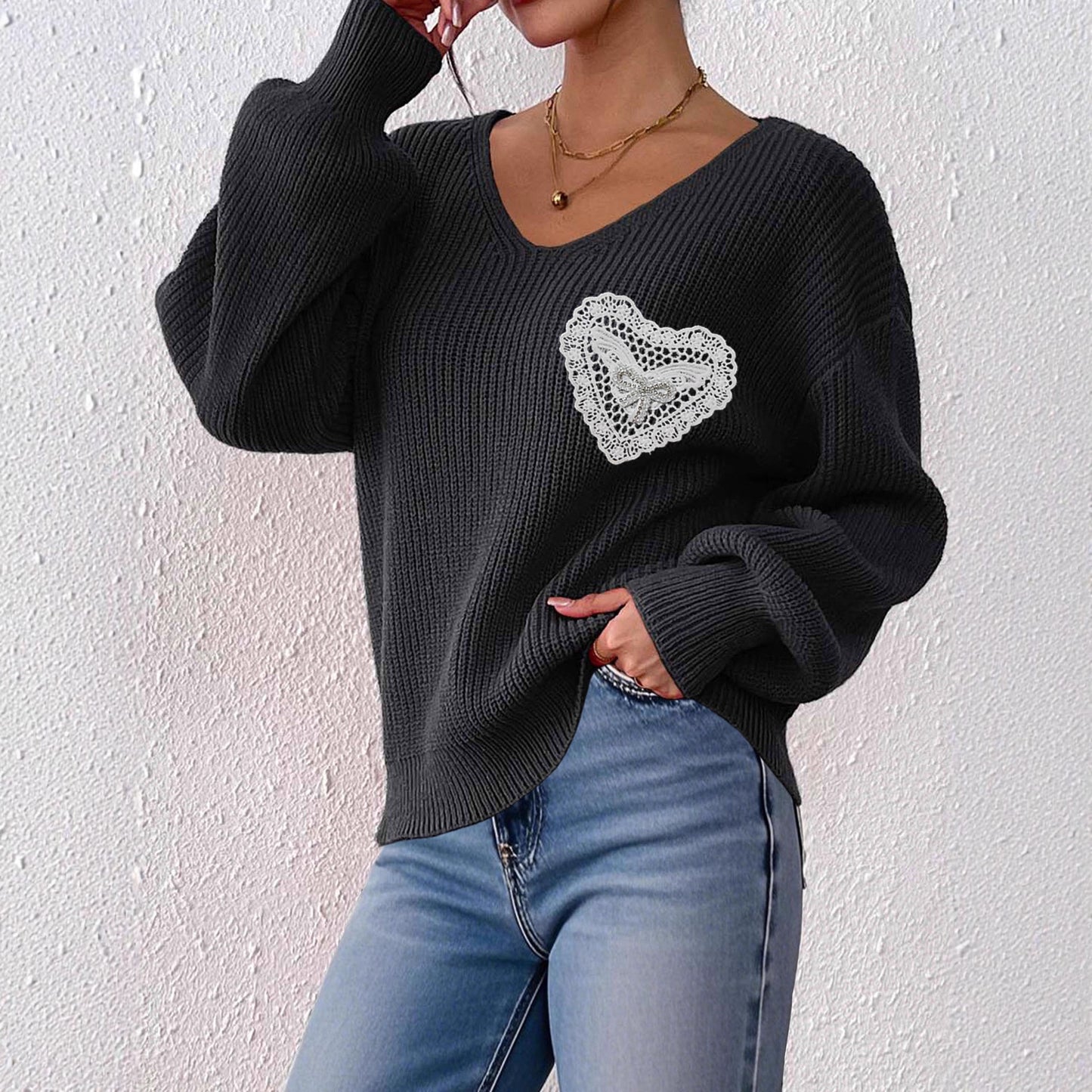 Women's V-neck Lace Brick Bow Patchwork Pocket Pullover Top