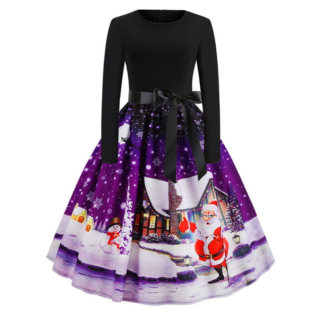 Christmas Retro Print Long-Sleeved Big Swing Dress