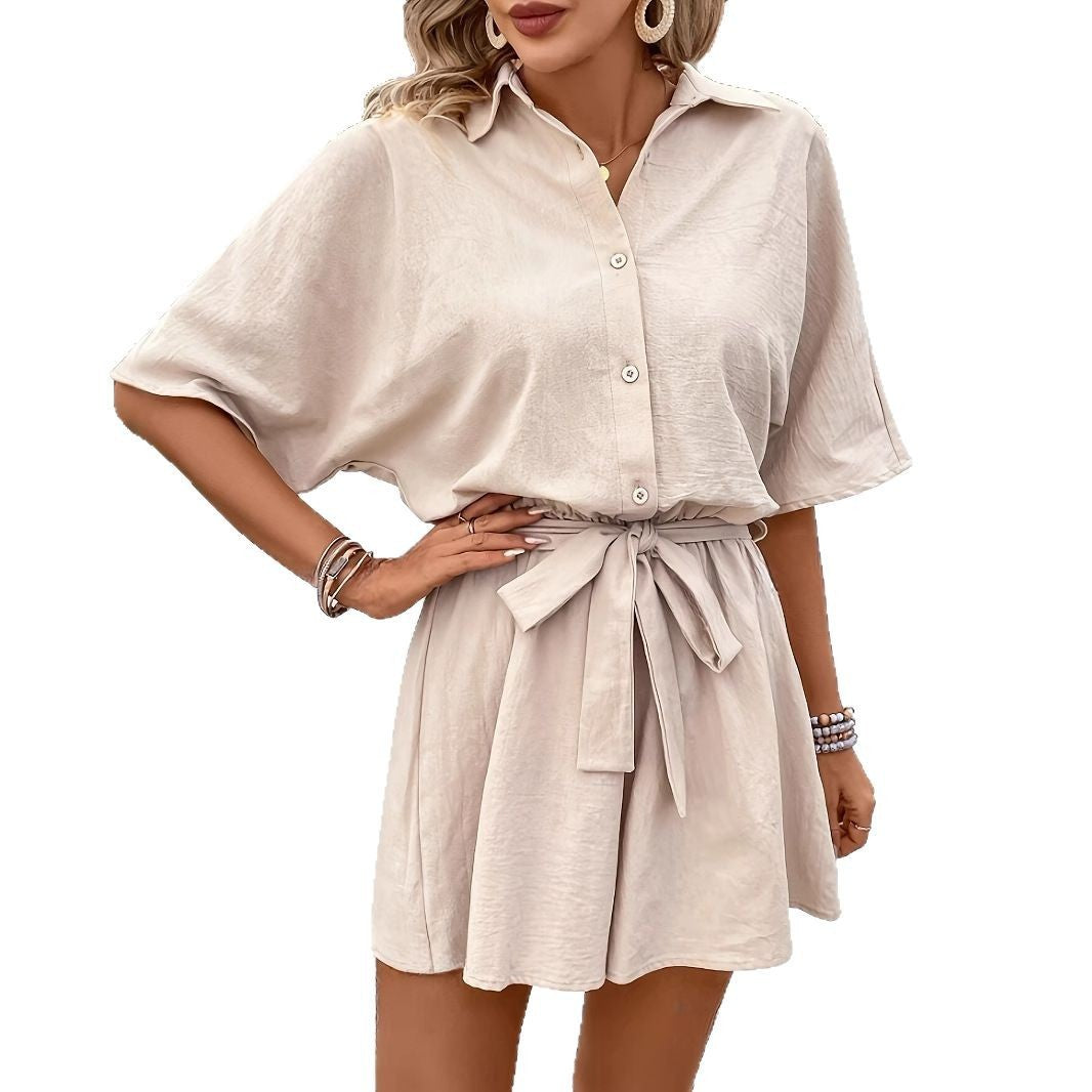 Fashion Belt Short-sleeved Jumpsuit Women's All-matching
