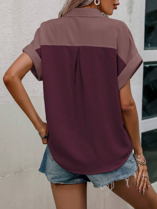 Two-Tone Batwing Sleeve Pocket Shirt