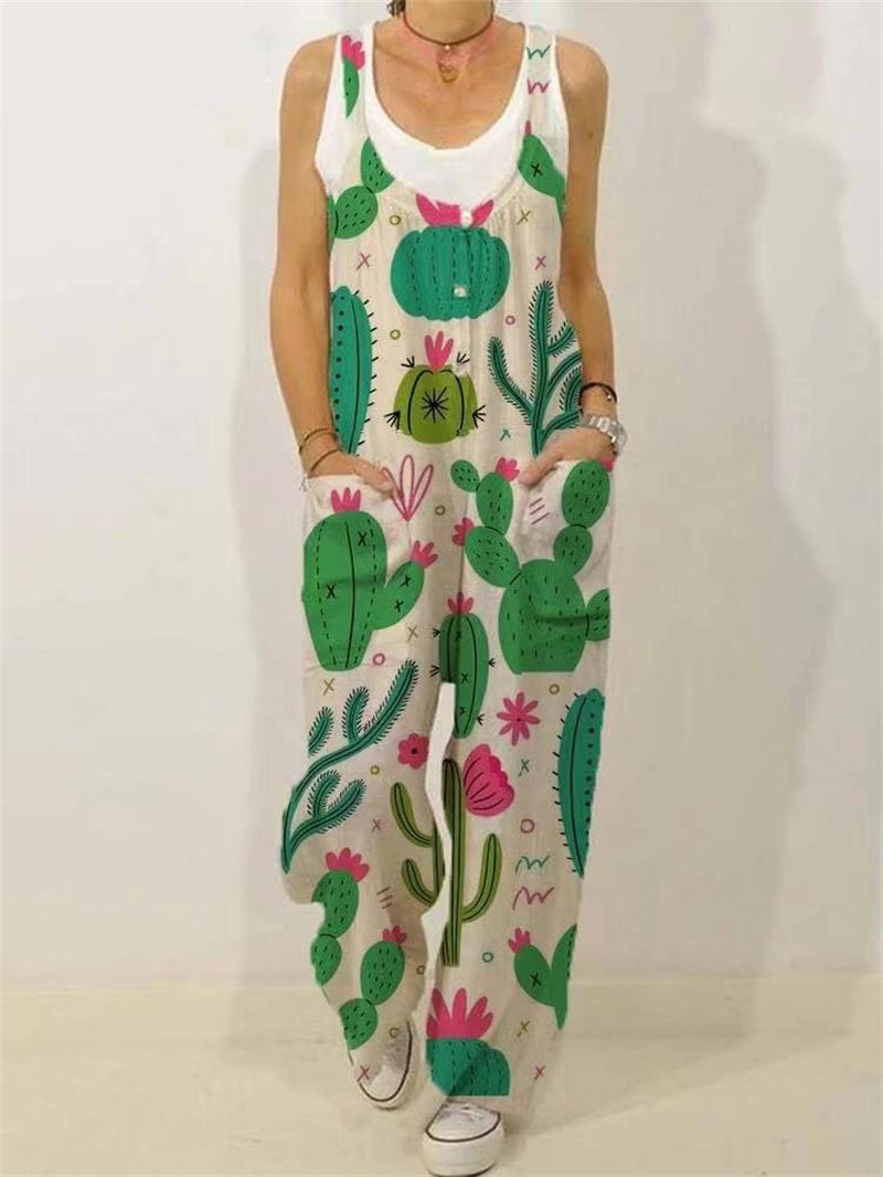 Botanical Print Casual Sleeveless Loose Jumpsuit