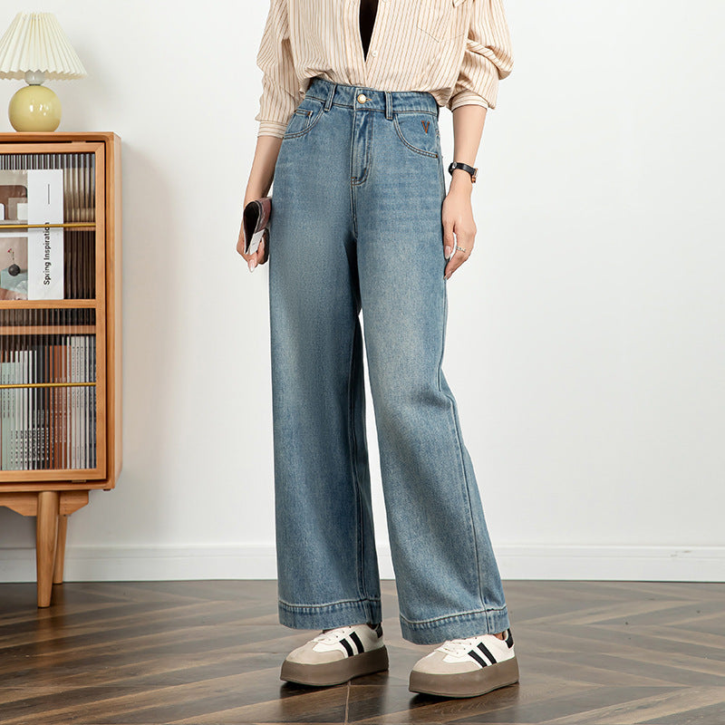 Women's Embroidered Jeans Cropped Wide-leg Pants