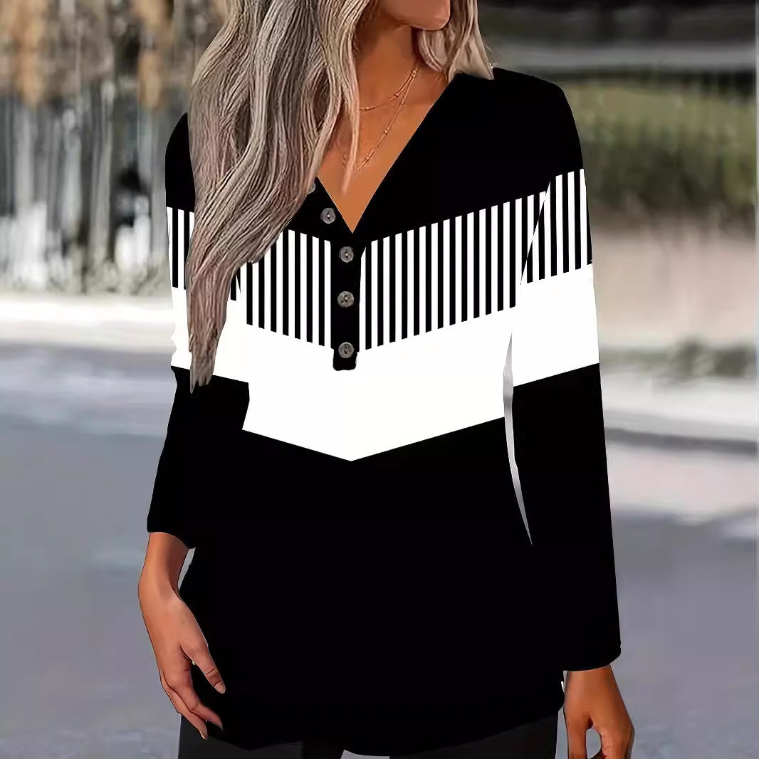 Color Matching Printed V-Neck Long Sleeve T-Shirt