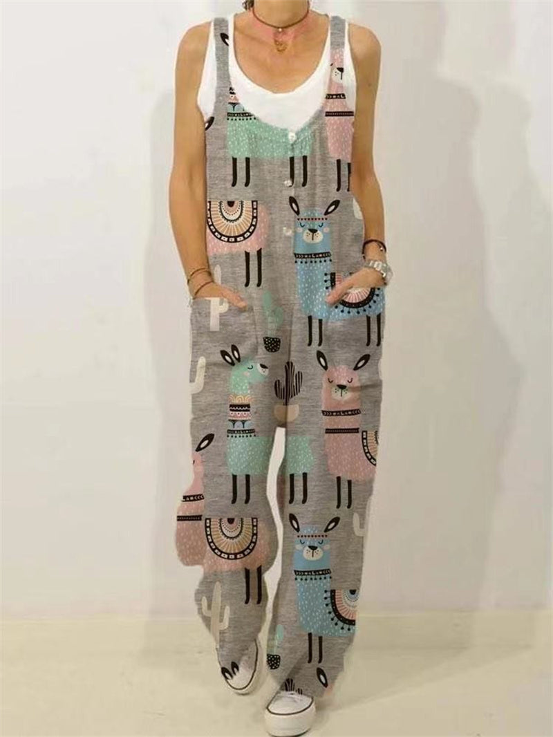 Botanical Print Casual Sleeveless Loose Jumpsuit