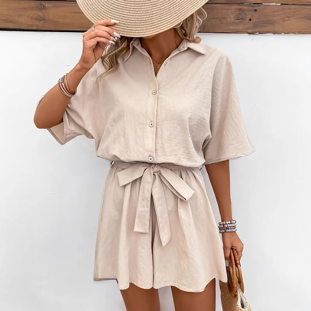 Fashion Belt Short-sleeved Jumpsuit Women's All-matching