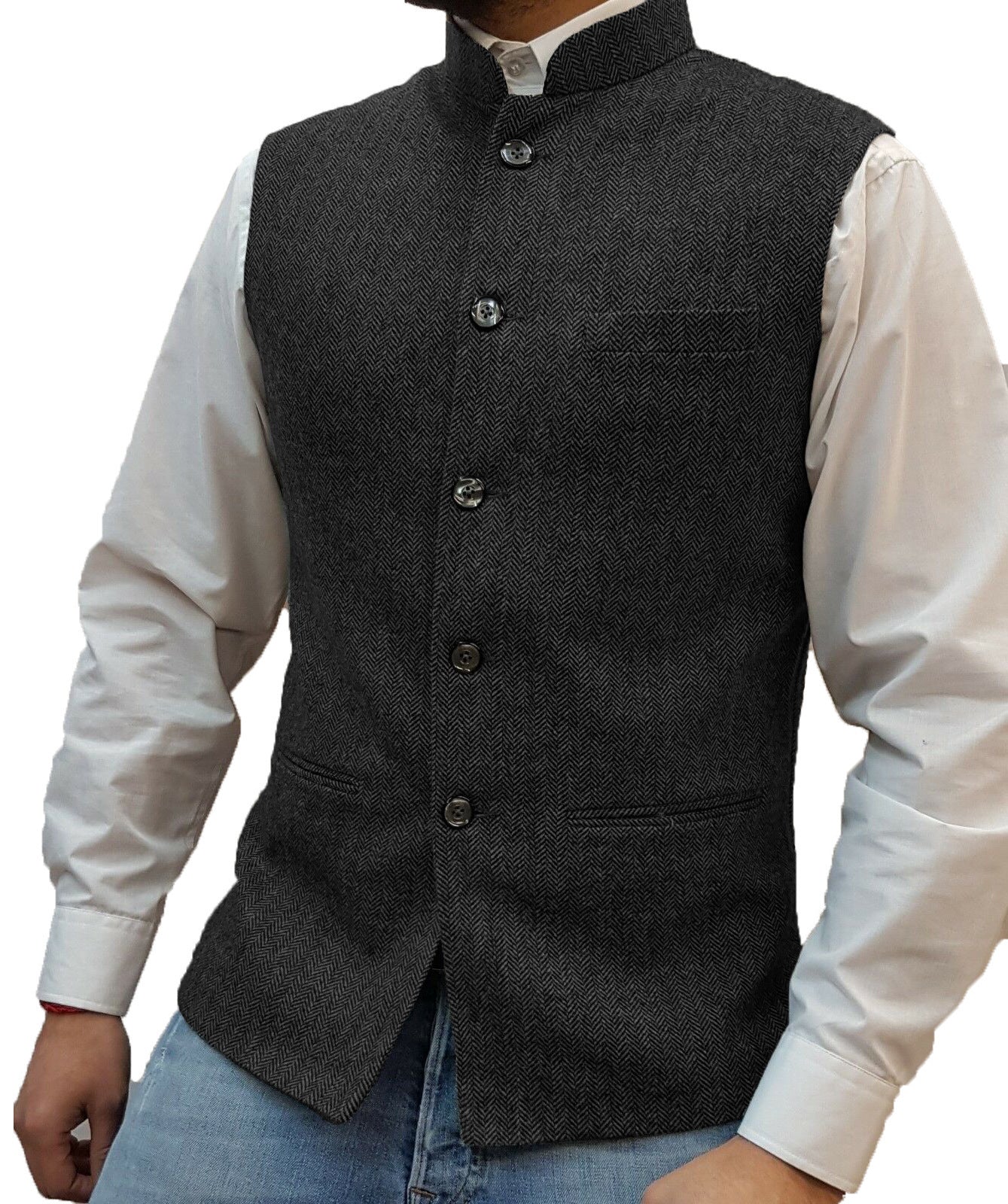 Zhongshan Collar Herringbone Pattern Vest for Men