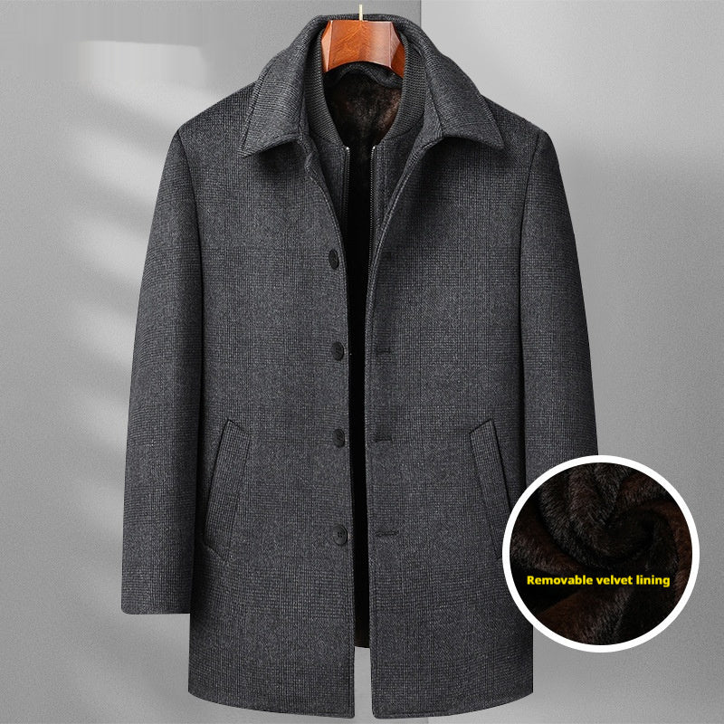 Men’s Mid-Length Woolen Plaid Coat with Detachable Double Collar