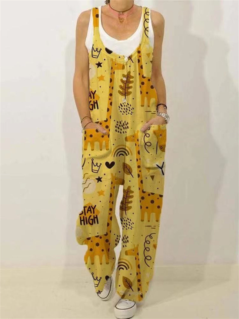 Botanical Print Casual Sleeveless Loose Jumpsuit