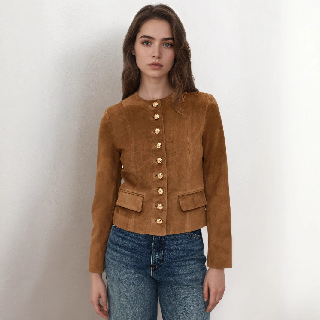 Short Single-Breasted Suede Jacket