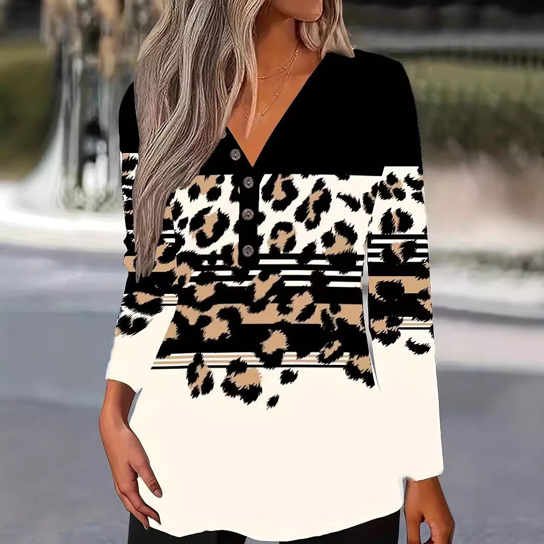 Color Matching Printed V-Neck Long Sleeve T-Shirt