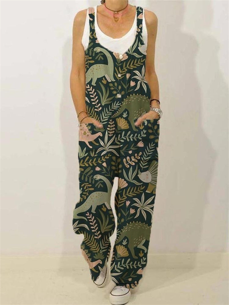 Botanical Print Casual Sleeveless Loose Jumpsuit
