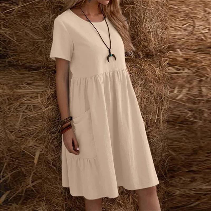 Summer Cotton And Linen Loose Fashion Round Neck Dress