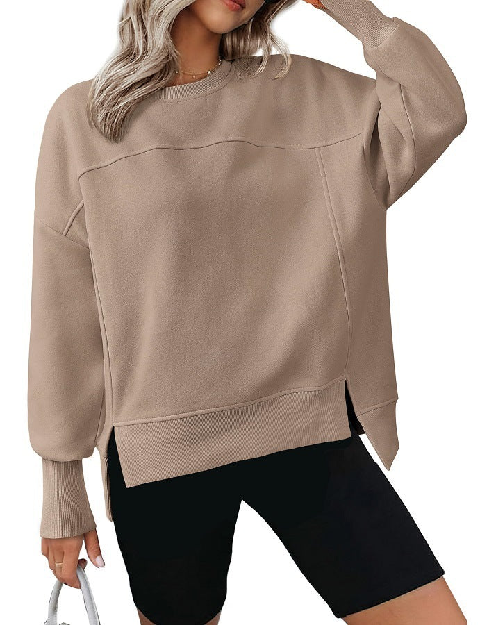 European And American Autumn And Winter Round Neck Long Sleeve Split Casual Loose Sweatshirt