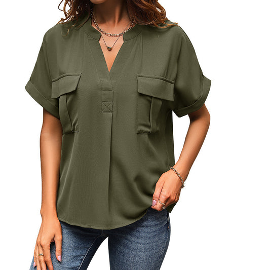 Women's Solid Color V-Neck Pocket Shirt
