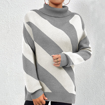 Female Casual Contrast Color Diagonal Stripes Turtleneck Pullover