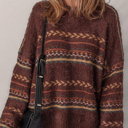 Brown Ethnic Pattern Mohair Knitted Drop Shoulder Sweater