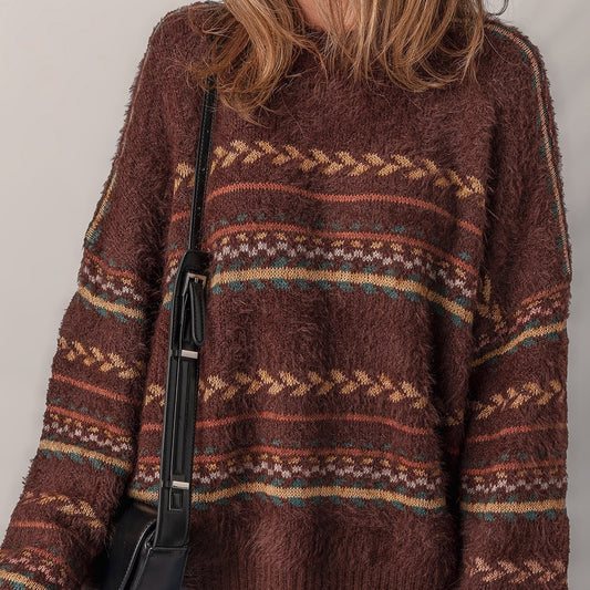 Brown Ethnic Pattern Mohair Knitted Drop Shoulder Sweater