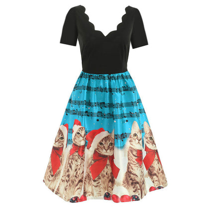 Hepburn style wave V-neck short sleeve printed dress