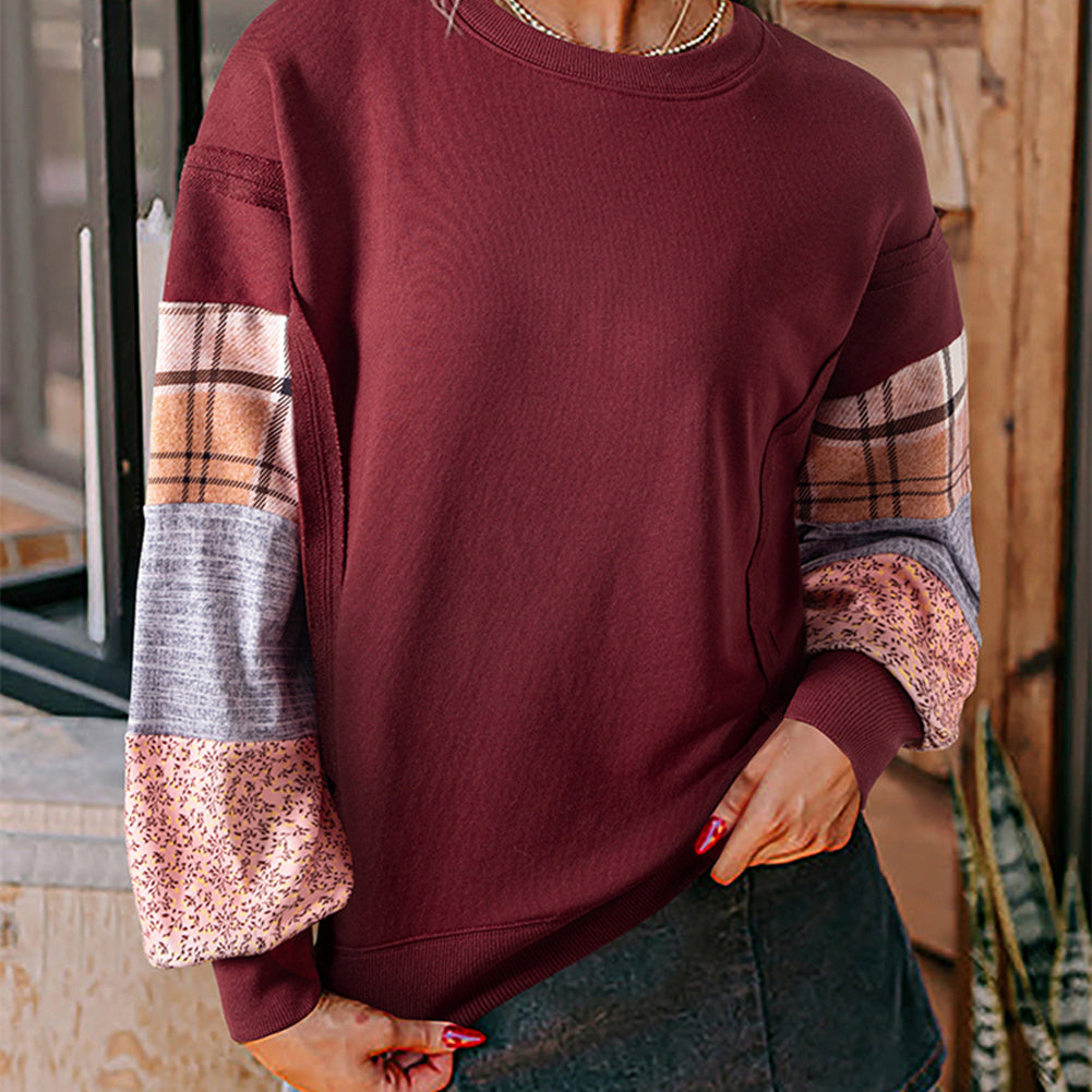 Women's Plaid Stitching Long-sleeved Top