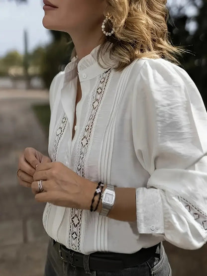 Elegant White V-Neck Blouse With Lace Details