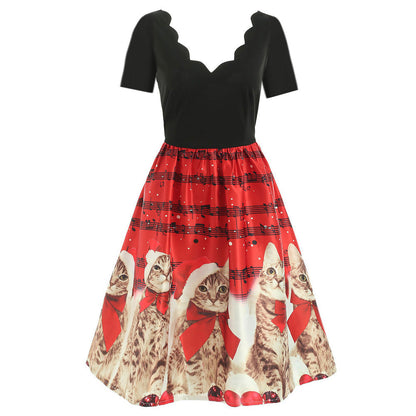 Hepburn style wave V-neck short sleeve printed dress