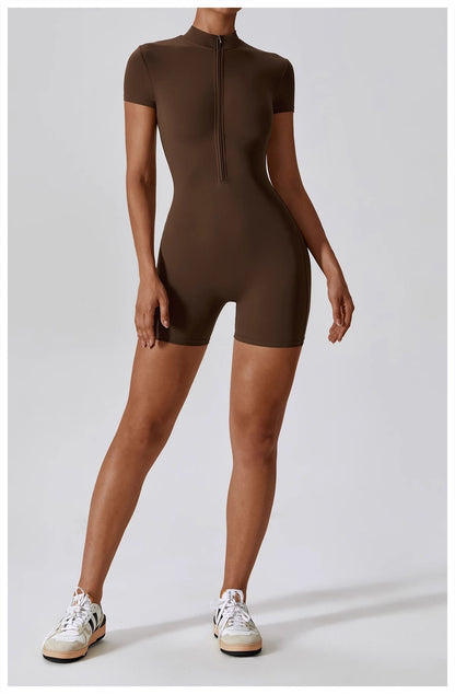 Summer Zip-Up Short Sleeve Shorts Yoga Bodysuit For Women - Dance Workout Form-Fitting One-Piece